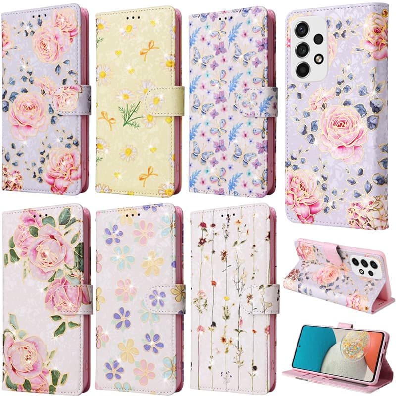 หรูหราสําหรับ Samsung Galaxy A34 A54 5G S23 Ultra S25 Edge A14 5G S23 Plus S21 FE 5G A14 4G ดอกไม้รูปแบบเนยกระเป๋าสตางค์ช่องใส่การ์ดหนัง Flip Stand Skin Cover Case รูปที่ 1