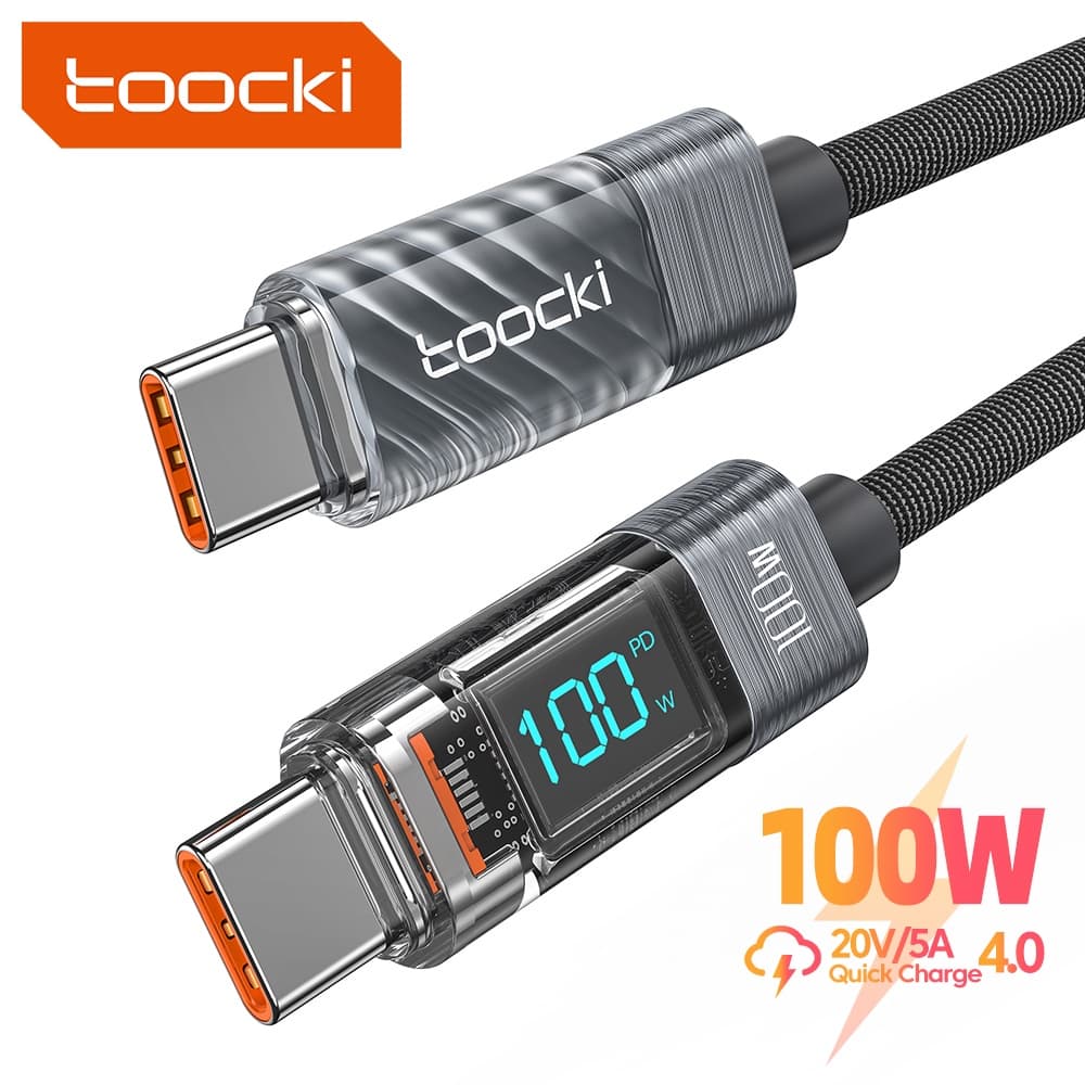 Toocki 100W Type-C เป็น Type-C จอแสดงผล LED สายเคเบิล ชาร์จเร็ว 60W C-C PD สายข้อมูลโปร่งใส รูปที่ 1