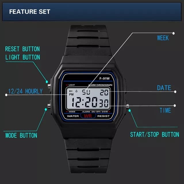 นาฬิกา นาฬิกาแฟชั่น SOLOS นาฬิกาข้อมือผู้ชาย สายเรซิ่น รุ่น F-91W-Black รูปที่ 6