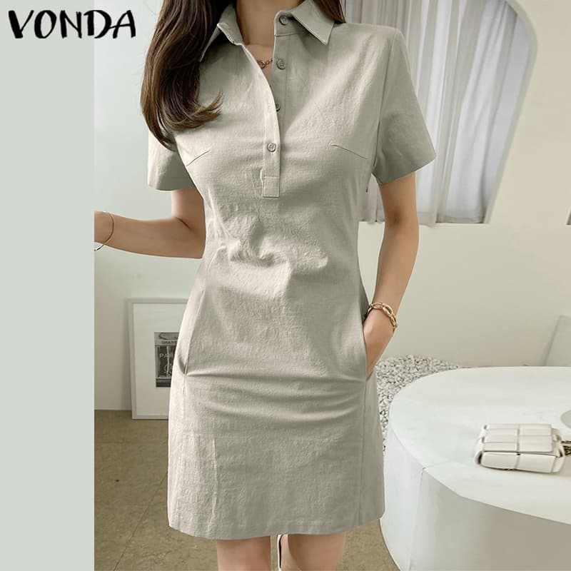 Vonda ชุดมินิเดรส คอปก แขนสั้น มีกระเป๋า สีพื้น สไตล์เกาหลี สําหรับผู้หญิง รูปที่ 1