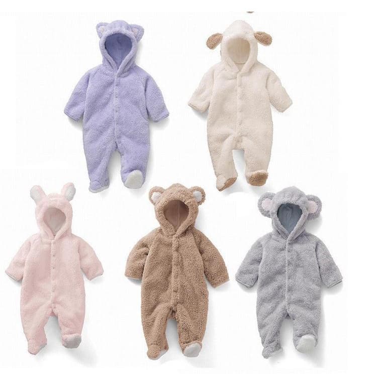 Babyonline 2F1-2G1 ชุดบอดี้สูทขายาวมีหมวกสำหรับเด็กแรกเกิดลายหมีขนสัตว์ อบอุ่น นิ่ม รูปที่ 2