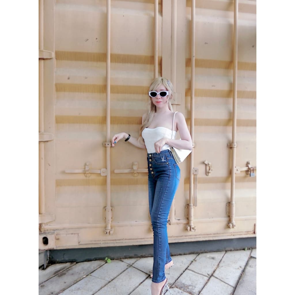 Cc jeans 228 S-5XL กางเกงยีนส์ผู้หญิง ทรงเดฟ เอวสูง กระดุม ปักนก รูปที่ 2