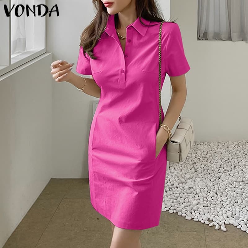 Vonda ชุดมินิเดรส คอปก แขนสั้น มีกระเป๋า สีพื้น สไตล์เกาหลี สําหรับผู้หญิง รูปที่ 6