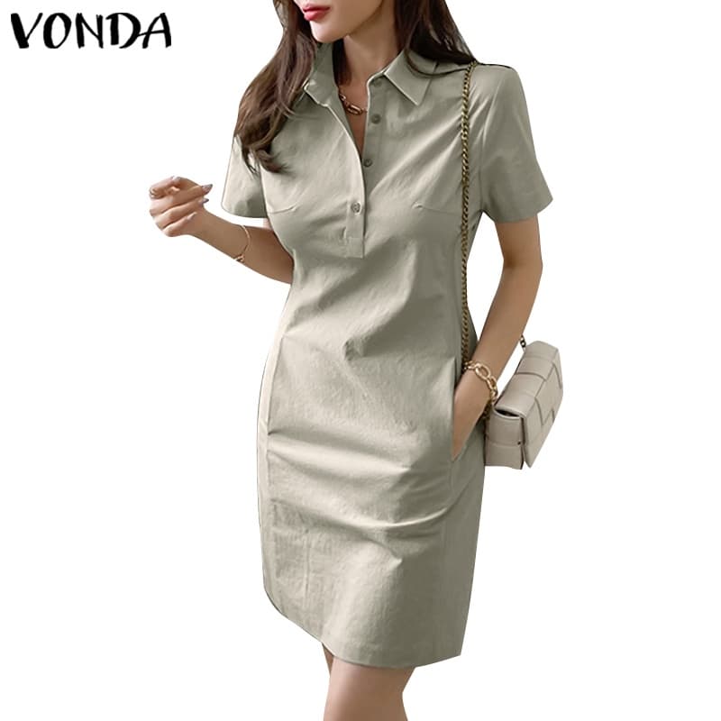 Vonda ชุดมินิเดรส คอปก แขนสั้น มีกระเป๋า สีพื้น สไตล์เกาหลี สําหรับผู้หญิง รูปที่ 4