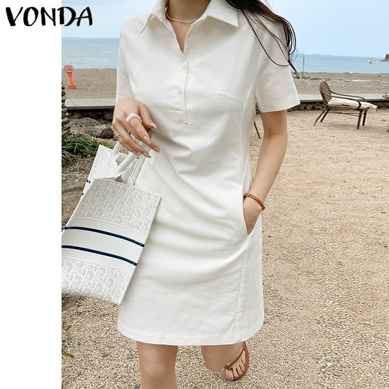 Vonda ชุดมินิเดรส คอปก แขนสั้น มีกระเป๋า สีพื้น สไตล์เกาหลี สําหรับผู้หญิง รูปที่ 5