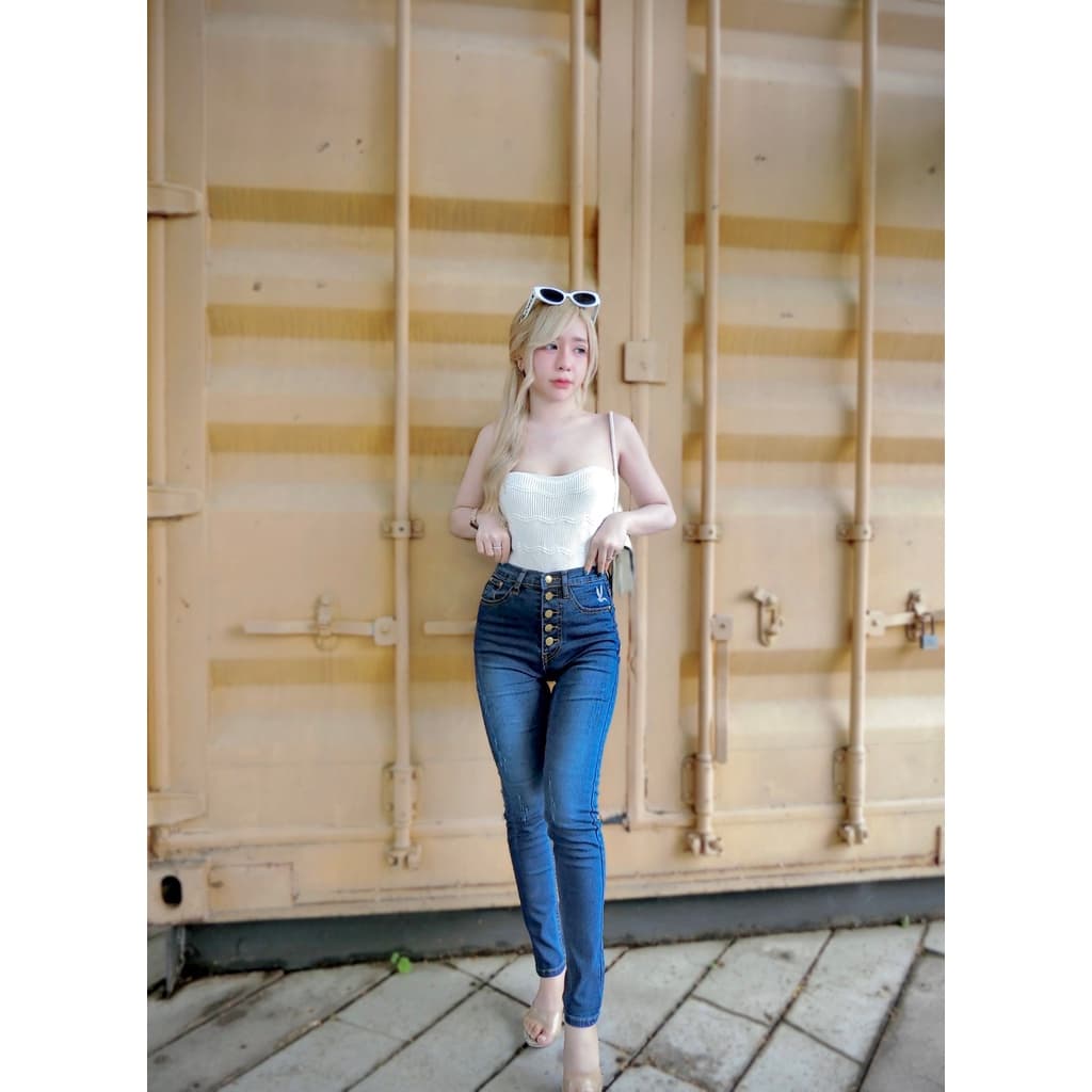 Cc jeans 228 S-5XL กางเกงยีนส์ผู้หญิง ทรงเดฟ เอวสูง กระดุม ปักนก รูปที่ 3