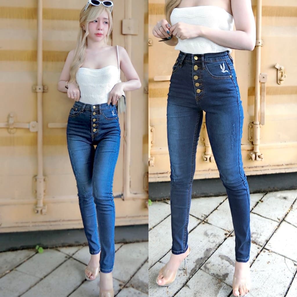 Cc jeans 228 S-5XL กางเกงยีนส์ผู้หญิง ทรงเดฟ เอวสูง กระดุม ปักนก รูปที่ 1