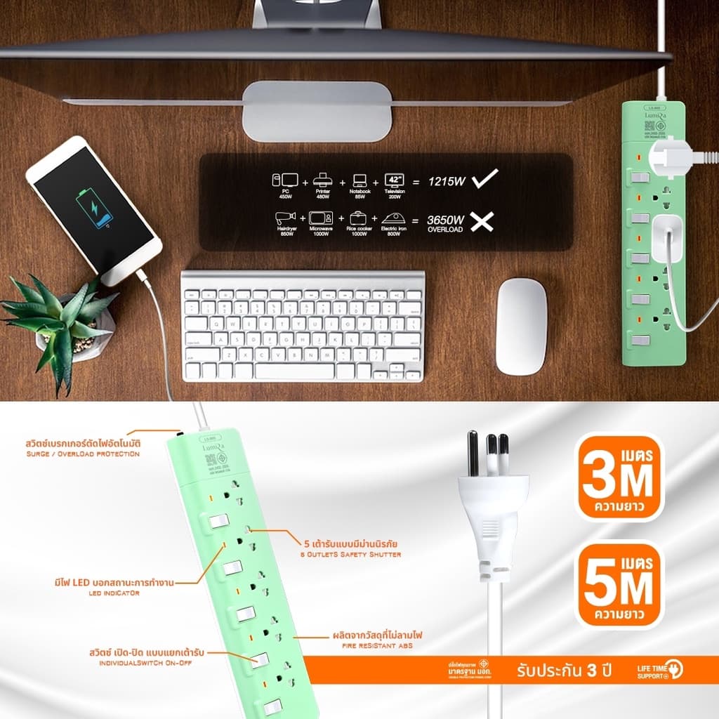 Plug Lumira LS-803/LS-804/LS-805/LS-803/2U/LS-804/2U ปลั๊กไฟ มีช่องยูเอสบี ลูมิล่า/3เมตร/5เมตร/งานแท้ มี มอก. รูปที่ 8