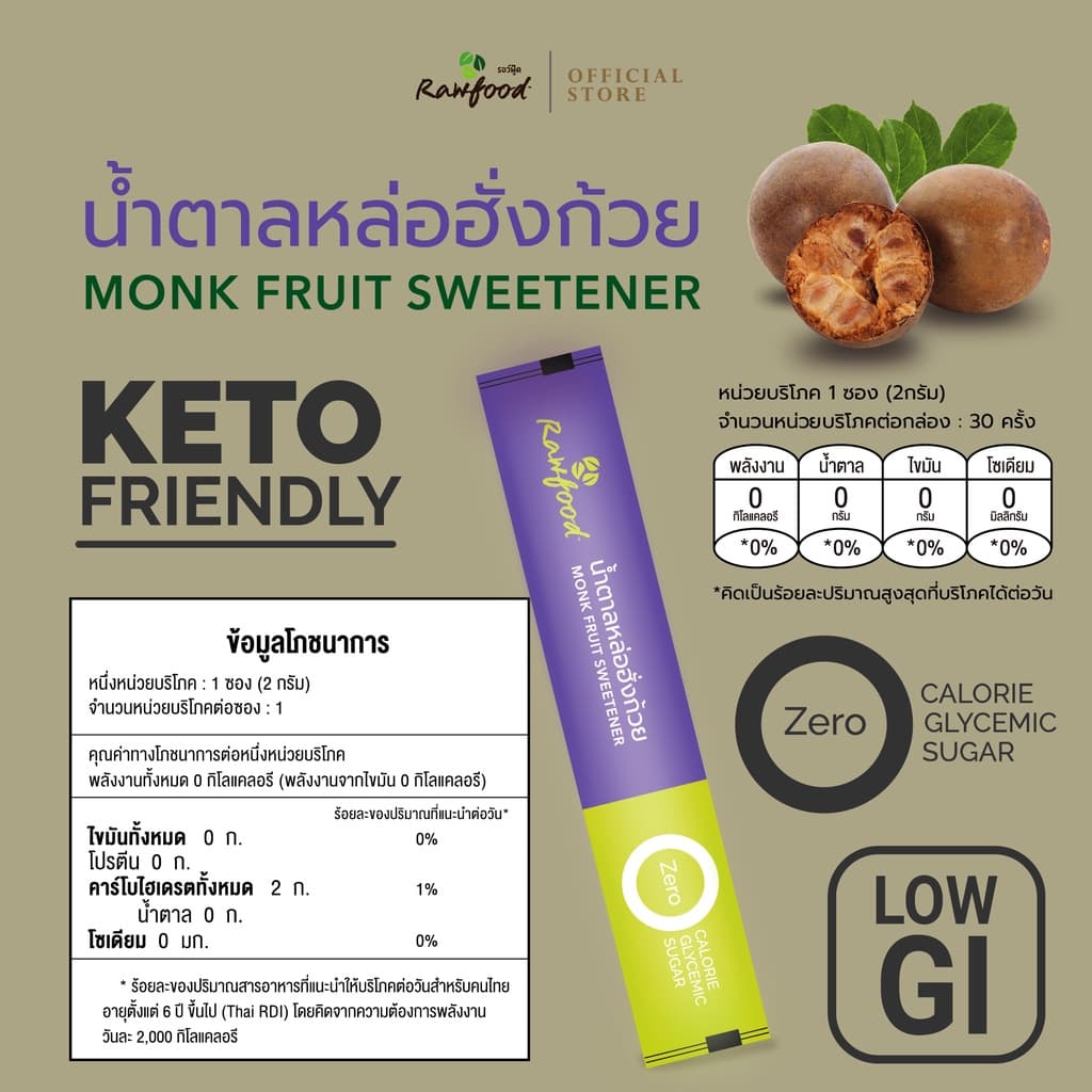น้ำตาลหล่อฮังก๊วย ซอง 2 ก x 30 ซอง Exp.12/2027 น้ำตาลคีโต เพื่อสุขภาพ เบาหวานทานได้ Rawfood Brand รูปที่ 8