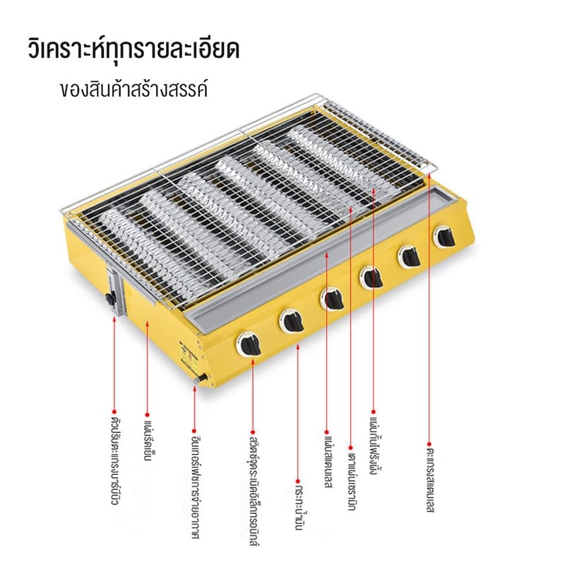 KEIAS เตาปิ้งย่าง เตาอินฟราเรด 6 หัว เตาย่างแก๊ส BBQ Gas Grill ตะแกรงปรับระดับได้ รูปที่ 8