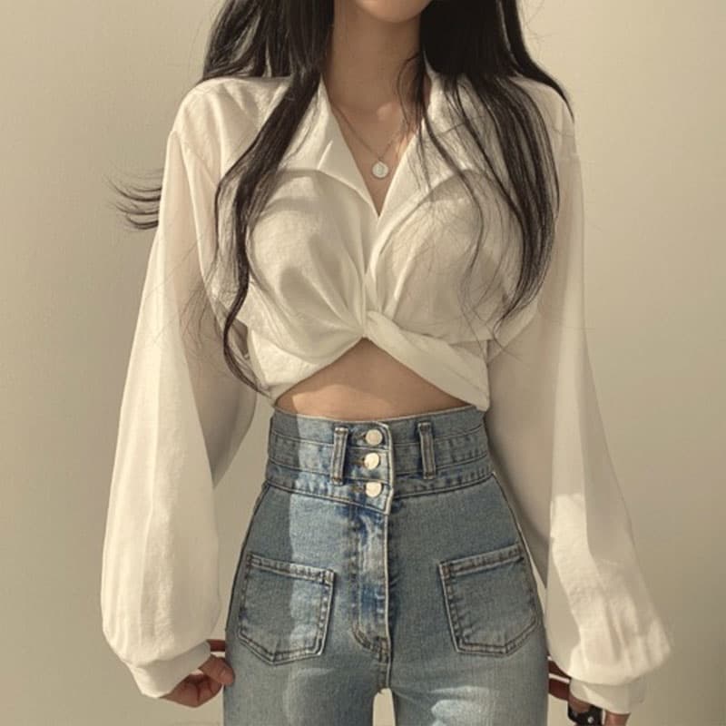 มีโปรโมชั่นลดราคา เสื้อเชิ้ตเเขนยาวเอวลอยแฟชั่น รูปที่ 1