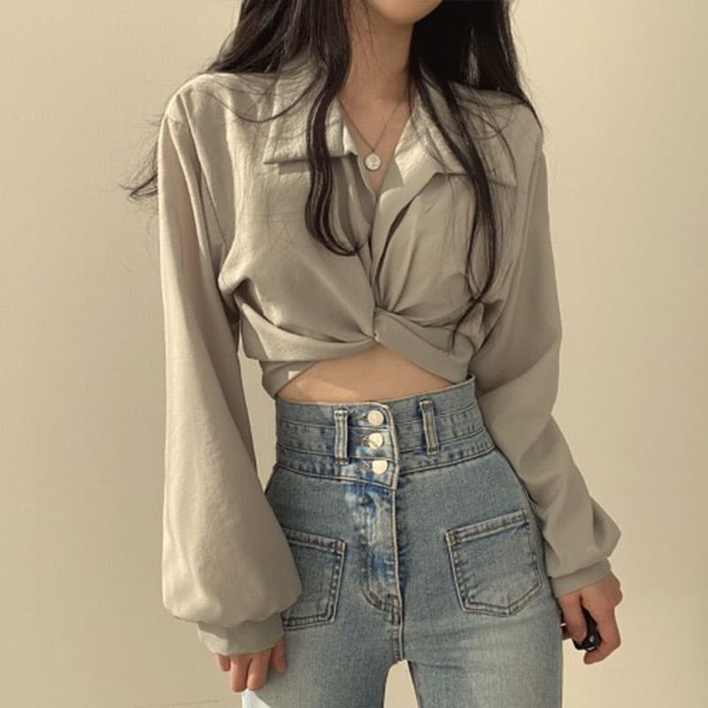 มีโปรโมชั่นลดราคา เสื้อเชิ้ตเเขนยาวเอวลอยแฟชั่น รูปที่ 4