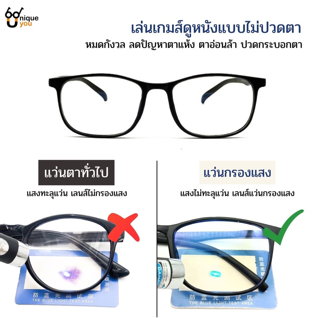 UniqueYou แว่นสายตาสั้นและยาว กรองแสงสีฟ้า กรองแสงคอมพิวเตอร์ เลนส์ชัด น้ำหนักเบา แถมผ้า 6801black รูปที่ 3