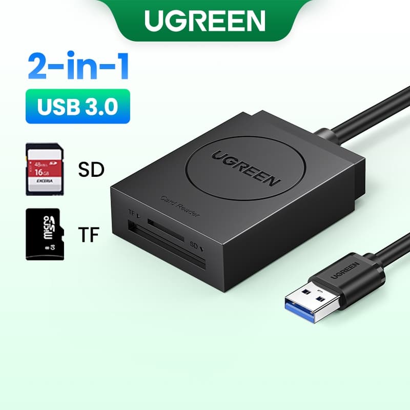 Ugreen SD Card Reader USB 3.0 Dual Slot Flash Memory Card Reader TF SD Micro SDXC SDHC MMC RS-MMC Micro SDXC Micro SDHC UHS-I สําหรับ Mac Windows Linux Chrome อ ่ าน 2 การ ์ ด Simultane รูปที่ 1