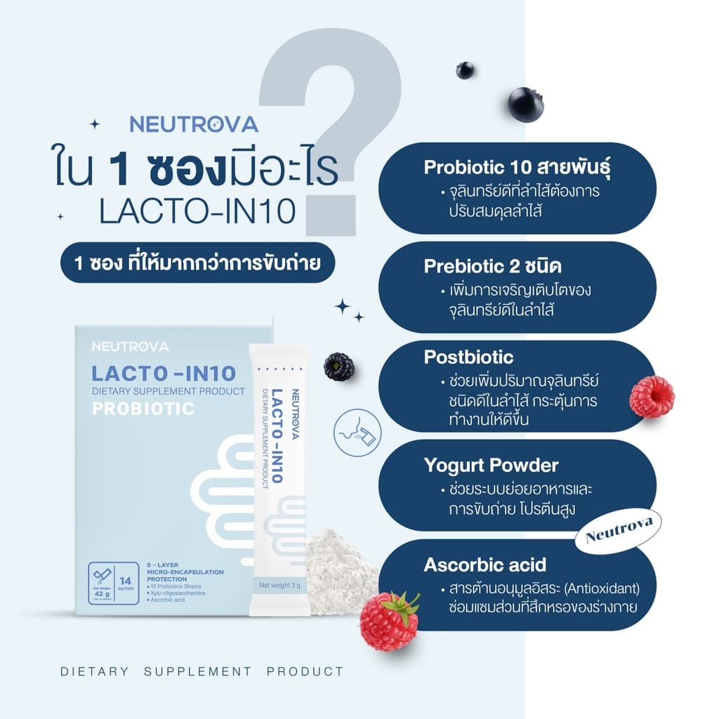LACTO-IN10 โพรไบโอติก แบบซองกรอกปาก 40BillionCFUต่อซอง ตัวช่วยขับถ่าย กรดไหลย้อน ขับถ่าย ผิวสวย ท้องอึด อาหารไม่ย่อย รูปที่ 7