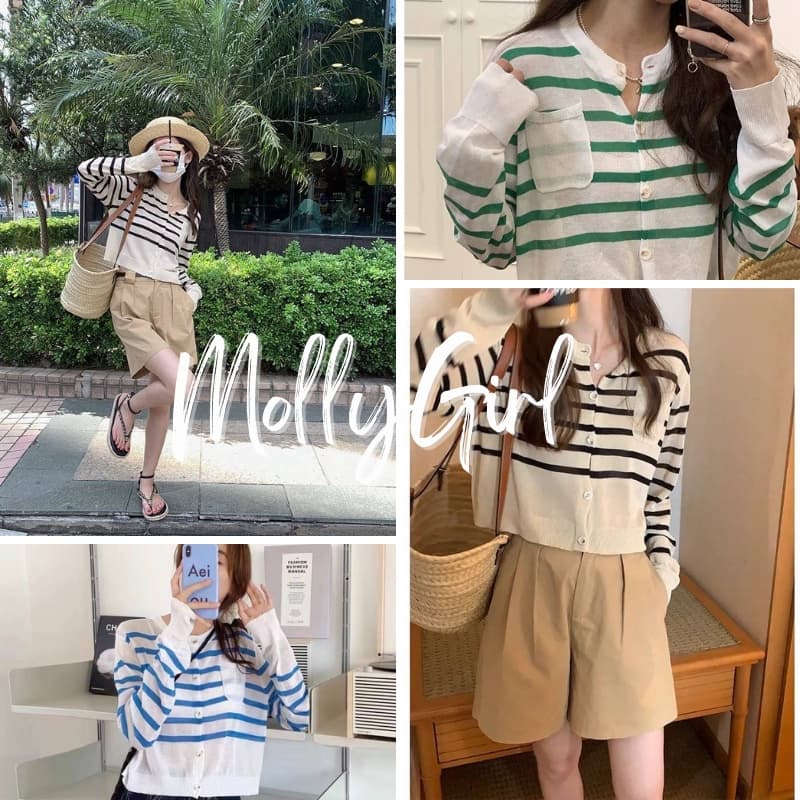 Mollygirl เสื้อครอปแขนยาวลายทาง สีสันสดใส รูปที่ 1