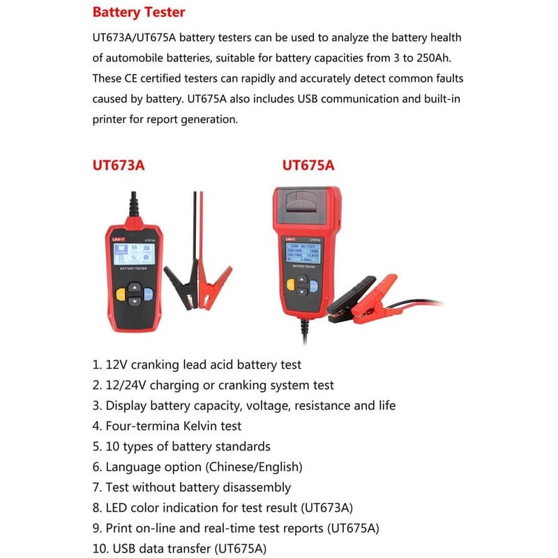UNI-T UT673A วัดแบต เครื่องทดสอบแบตเตอรี่ ดิจิตอล วัดแบตเตอรี่ CCA 12/24V AGM GEL EFB รูปที่ 3