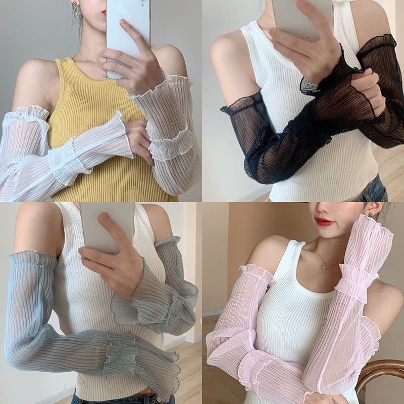 ปลอกแขนกันแดด ผ้าลูกไม้ แบบบางพิเศษ เรียบง่าย แฟชั่นฤดูร้อน สําหรับผู้หญิง ขับขี่ ขี่จักรยาน รูปที่ 1