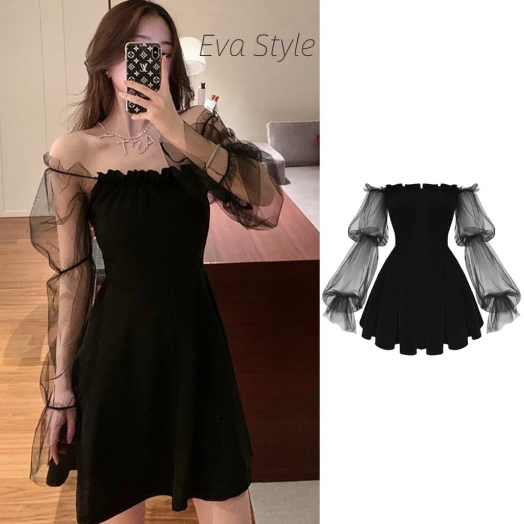 Eva Style COD เอวเซ็กซี่เอวบางชุดไหล่เดียว เชุดเดรสสีดำแขนยาว ชุดเดรสแขนพัฟสีดำ ปิดไหล่ รูปที่ 1