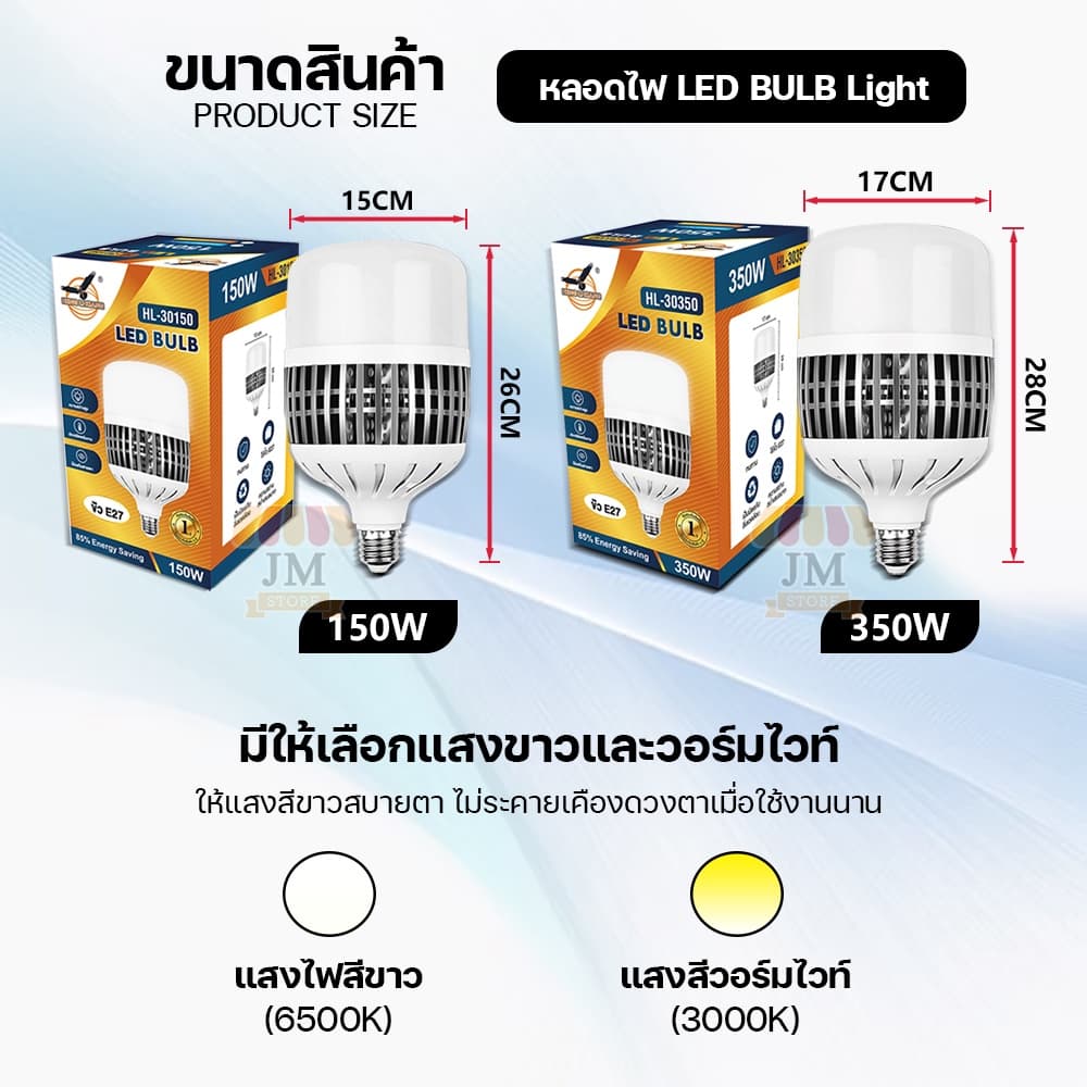 หลอดไฟ LED ทรงกระบอก 150W/350W ระบายความร้อนไว ไฟสว่าง ขั้ว E27 แสงขาว,วอร์มไวท์ หลอดไฟบ้าน 220V BULB HLX HL-30150 รูปที่ 2