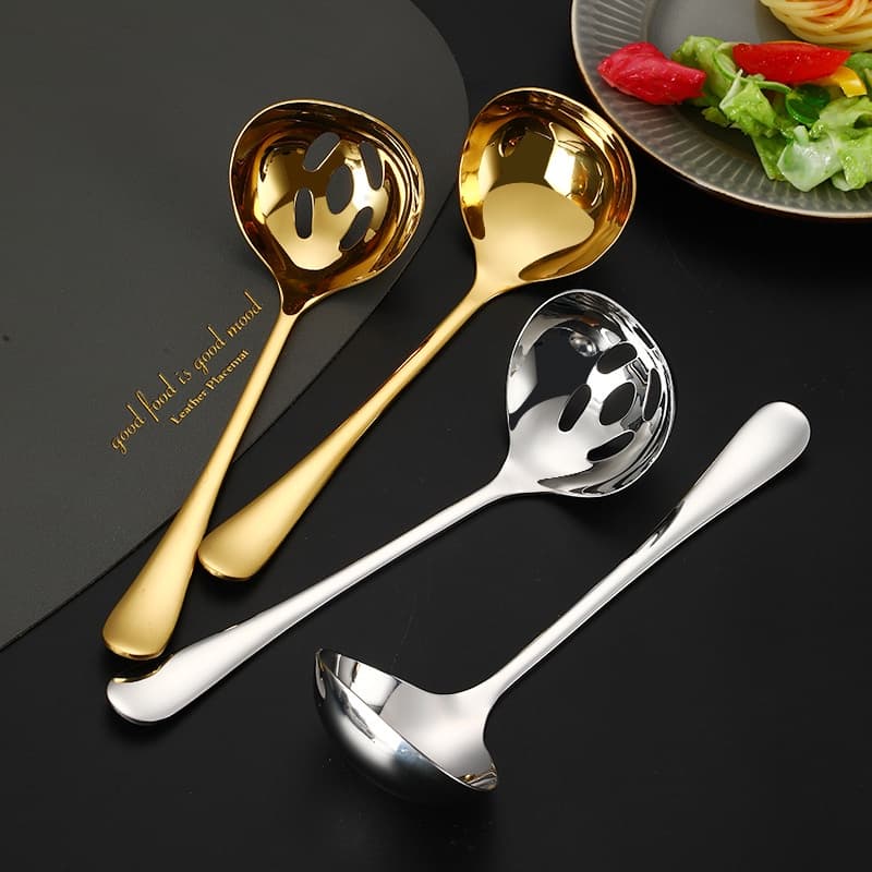 Oukeai ช้อนสเตนเลส 304 แบบหนา ขนาดเล็ก สีทอง สําหรับกรองซุป หม้อไฟ ซอส ใช้ในครัวเรือน รูปที่ 1