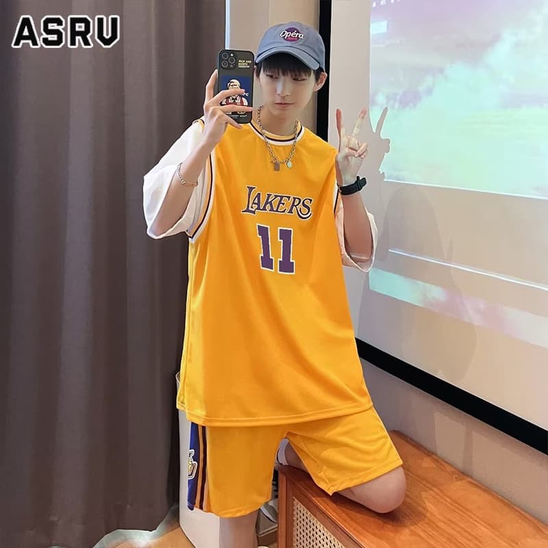 ASRV ชุดสูทผู้ชายฤดูร้อนแห้งเร็วปลอมสองชิ้นแขนสั้นชุดบาสเก็ตบอลการฝึกอบรมกีฬาถนนฮิปฮอปน้ำแบรนด์หลวมตาข่ายเจอร์ซีย์ รูปที่ 1