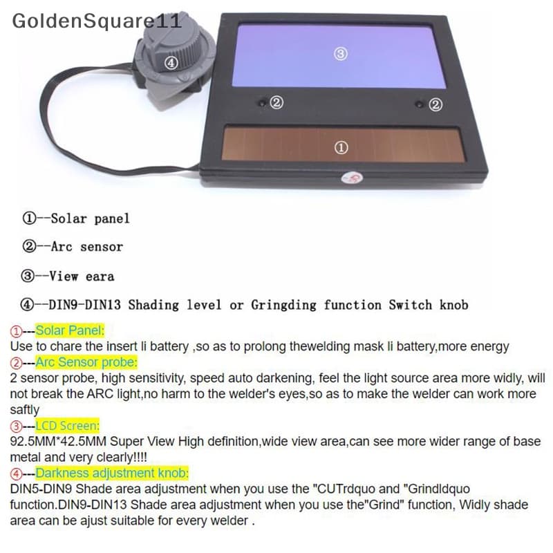 Gd หมวกกันน็อคเชื่อม เลนส์กรองแสงอัตโนมัติ พลังงานแสงอาทิตย์ TIG Goldensquare รูปที่ 5