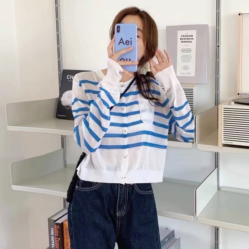 Mollygirl เสื้อครอปแขนยาวลายทาง สีสันสดใส รูปที่ 4