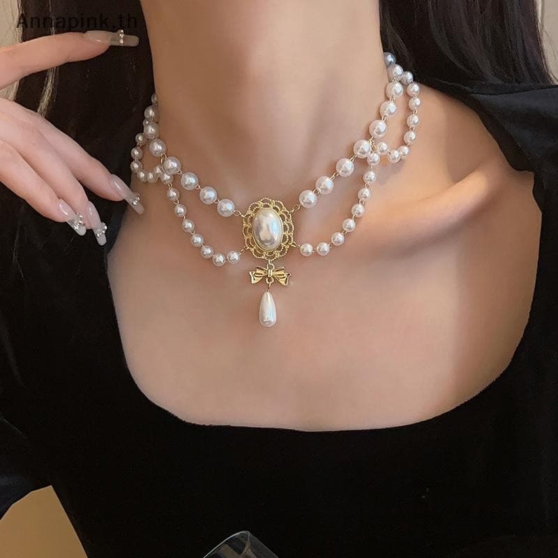 Annapink.th Multi-Layer White Pearl Clavicle สร้อยคออารมณ์ Elegant Baroque Pearl จี้สร้อยคอผู้หญิงเครื่องประดับงานแต่งงาน EN รูปที่ 3