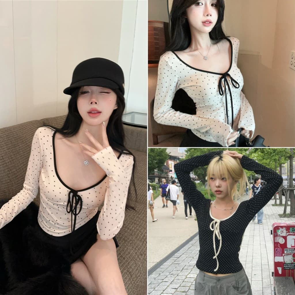 Hotgirl เสื้อยืดแขนยาวผู้หญิง เสื้อยืดเข้ารูปทรงผู้หญิง ลายจุด สาวร้อนแรง หวานและเซ็กซี่ สไตล์เกาหลี รูปที่ 1