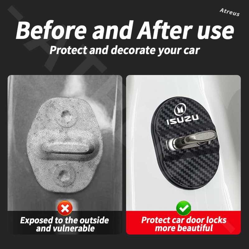 1/4 ชิ้น ISUZU คาร์บอนไฟเบอร์รถประตูล็อคป้องกันประตูล็อค Anti Scratch อุปกรณ์เสริมสําหรับ ISUZU Panther Elf Traga Dmax Mux Trooper MU7 Crosswind Panther Sportivo รูปที่ 2