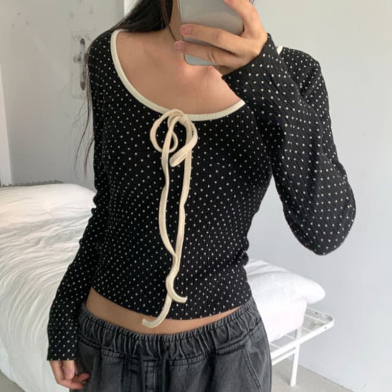 Hotgirl เสื้อยืดแขนยาวผู้หญิง เสื้อยืดเข้ารูปทรงผู้หญิง ลายจุด สาวร้อนแรง หวานและเซ็กซี่ สไตล์เกาหลี รูปที่ 9