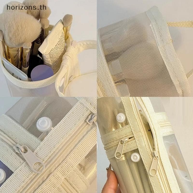 Mesh Dual-use Makeup Brush Storage Bag Portable Brush Case Simple Large Capacity Brush Bucket Holder Travel Stand-up Pouch {th} รูปที่ 4