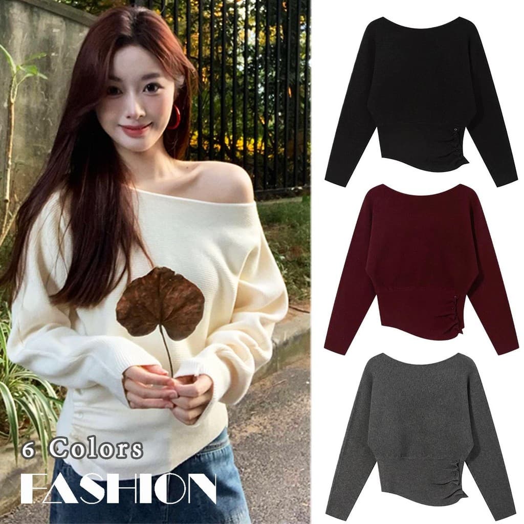 KOKOเสื้อสเวตเตอร์แขนยาวไหล่เดียวสีแดงปีใหม่สำหรับผู้หญิง ปิดไหล่ กระชับเอว แขนค้างคาวหลวมๆ#V114 รูปที่ 1