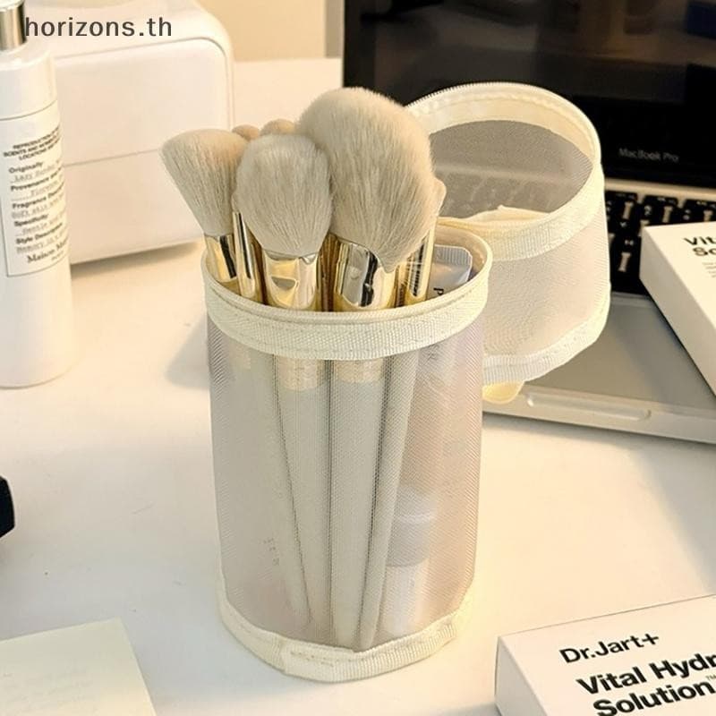 Mesh Dual-use Makeup Brush Storage Bag Portable Brush Case Simple Large Capacity Brush Bucket Holder Travel Stand-up Pouch {th} รูปที่ 3