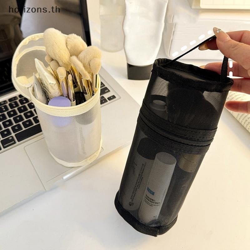 Mesh Dual-use Makeup Brush Storage Bag Portable Brush Case Simple Large Capacity Brush Bucket Holder Travel Stand-up Pouch {th} รูปที่ 5
