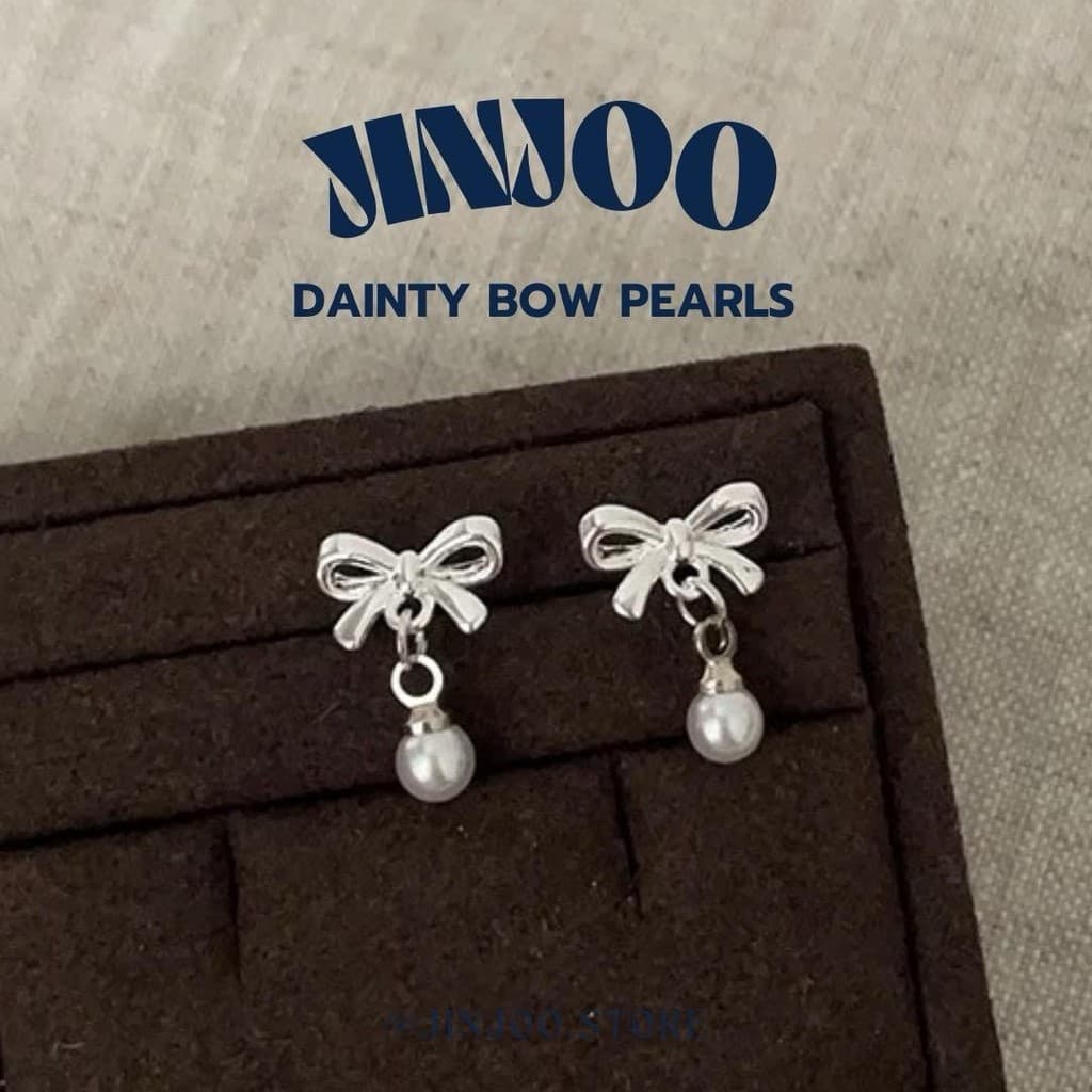 Jinjoo ต่างหูโบว์ รุ่น Dainty Bow Pearls ดีไซน์น่ารักสดใส ลุคคุณหนู รหัส A45 รูปที่ 1