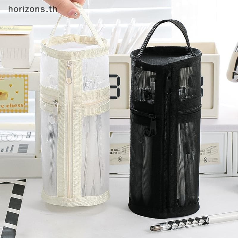 Mesh Dual-use Makeup Brush Storage Bag Portable Brush Case Simple Large Capacity Brush Bucket Holder Travel Stand-up Pouch {th} รูปที่ 6