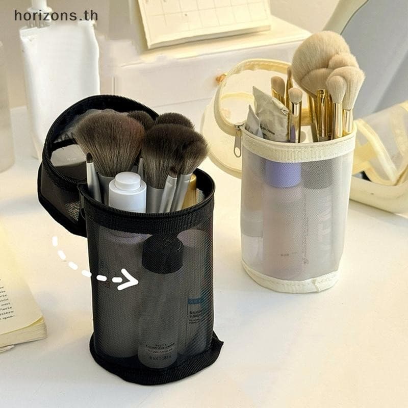 Mesh Dual-use Makeup Brush Storage Bag Portable Brush Case Simple Large Capacity Brush Bucket Holder Travel Stand-up Pouch {th} รูปที่ 1