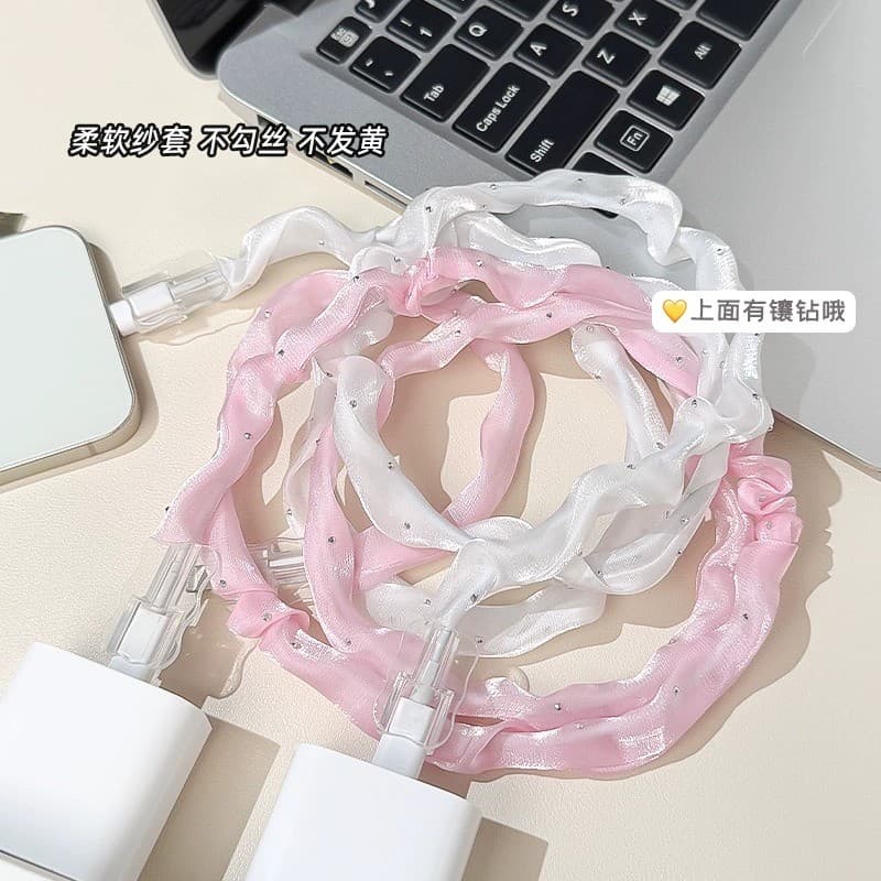 หรูหรา 1.4m Girlyลูกไม้สีชมพูBling DiamomdสายWinder ProtectorสําหรับUSBสายชาร์จสายไฟประเภทC USB Chargerสายไฟข้อมูลOrganizer รูปที่ 4