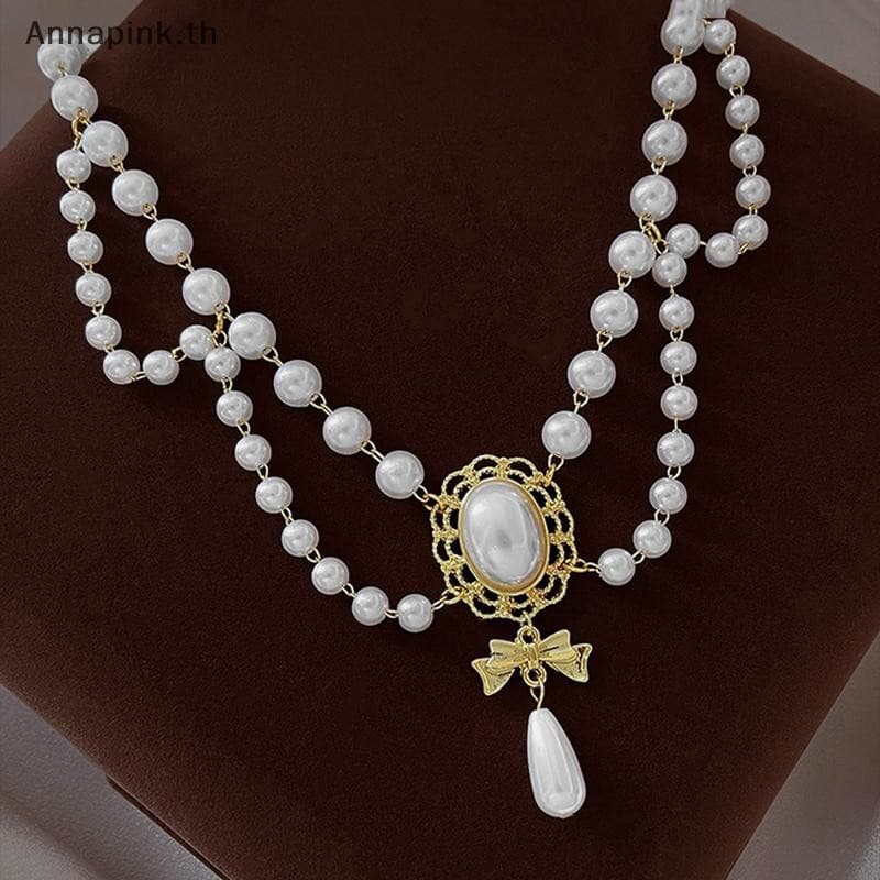 Annapink.th Multi-Layer White Pearl Clavicle สร้อยคออารมณ์ Elegant Baroque Pearl จี้สร้อยคอผู้หญิงเครื่องประดับงานแต่งงาน EN รูปที่ 4