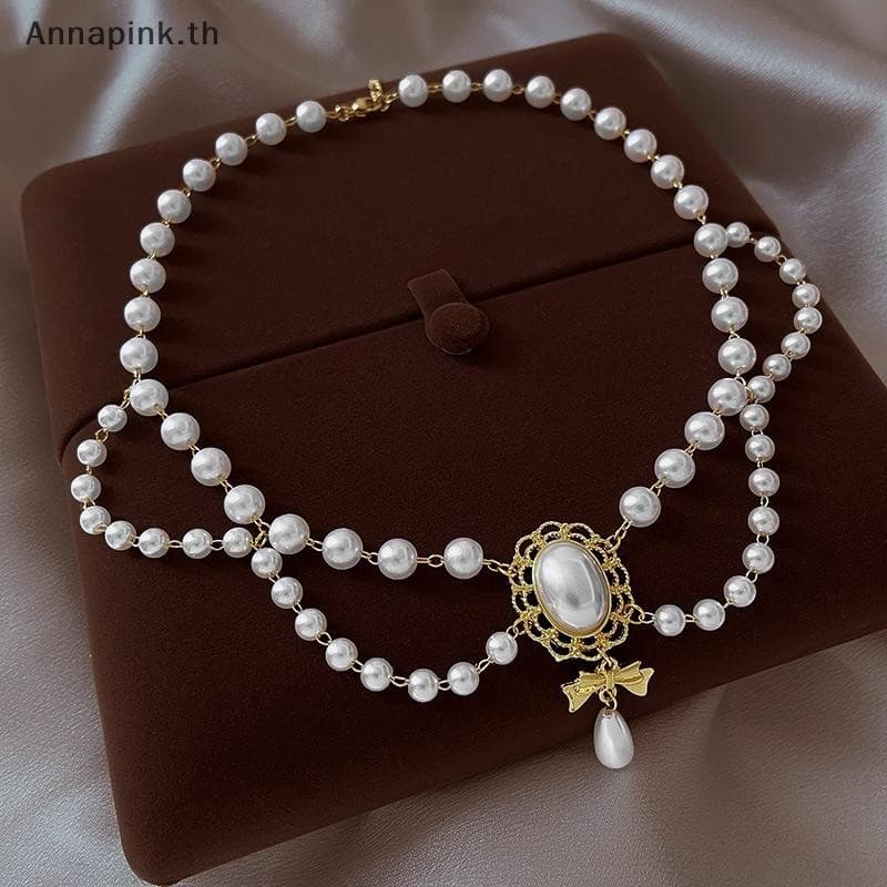 Annapink.th Multi-Layer White Pearl Clavicle สร้อยคออารมณ์ Elegant Baroque Pearl จี้สร้อยคอผู้หญิงเครื่องประดับงานแต่งงาน EN รูปที่ 6