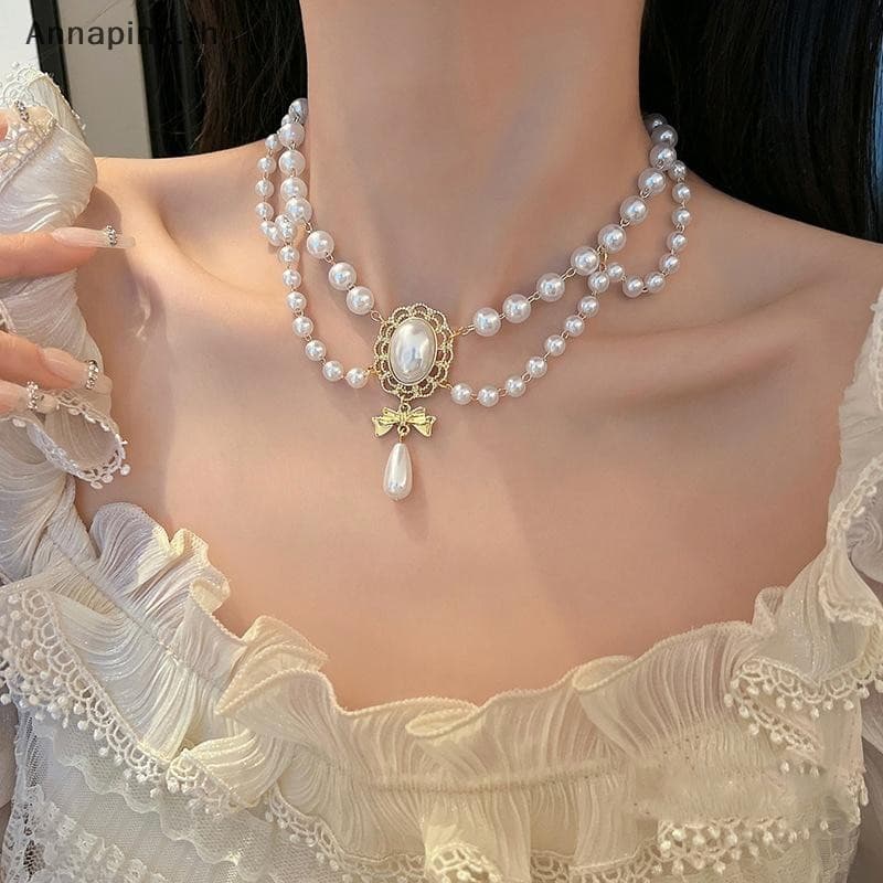 Annapink.th Multi-Layer White Pearl Clavicle สร้อยคออารมณ์ Elegant Baroque Pearl จี้สร้อยคอผู้หญิงเครื่องประดับงานแต่งงาน EN รูปที่ 2