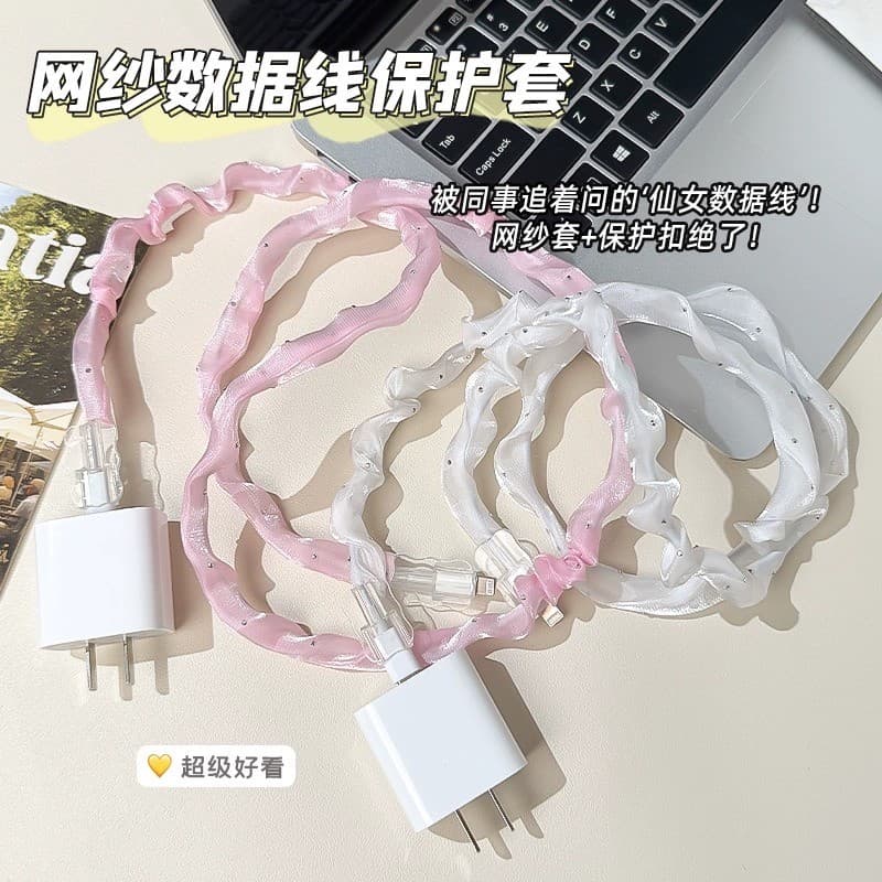 หรูหรา 1.4m Girlyลูกไม้สีชมพูBling DiamomdสายWinder ProtectorสําหรับUSBสายชาร์จสายไฟประเภทC USB Chargerสายไฟข้อมูลOrganizer รูปที่ 1