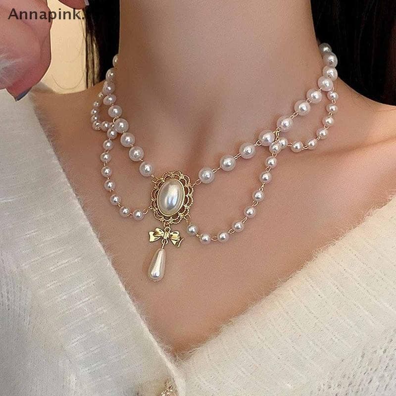 Annapink.th Multi-Layer White Pearl Clavicle สร้อยคออารมณ์ Elegant Baroque Pearl จี้สร้อยคอผู้หญิงเครื่องประดับงานแต่งงาน EN รูปที่ 1