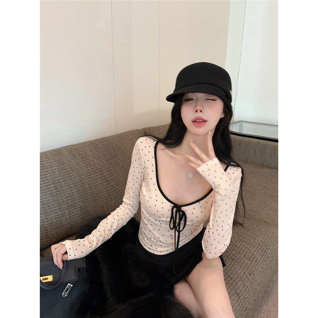 Hotgirl เสื้อยืดแขนยาวผู้หญิง เสื้อยืดเข้ารูปทรงผู้หญิง ลายจุด สาวร้อนแรง หวานและเซ็กซี่ สไตล์เกาหลี รูปที่ 4