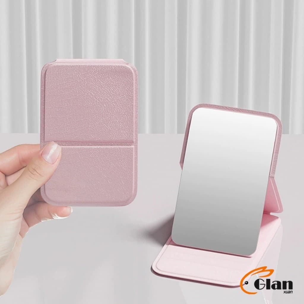 Glanxuan กระจกแต่งหน้า ขนาดเล็กพับตั้งโต๊ะได้ หนังPUกระจกขนาดเล็ก สวย Mirror รูปที่ 7