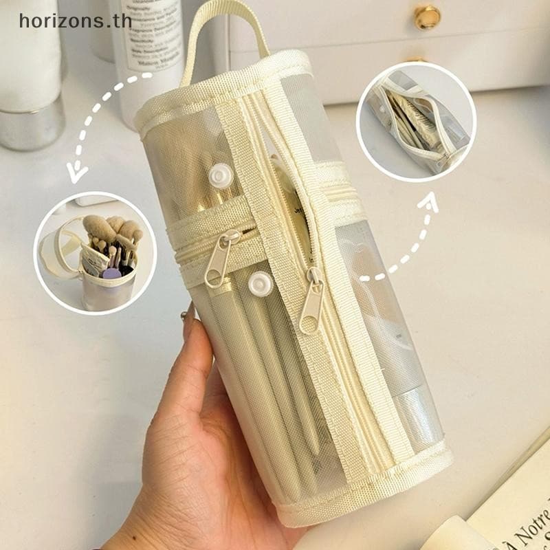Mesh Dual-use Makeup Brush Storage Bag Portable Brush Case Simple Large Capacity Brush Bucket Holder Travel Stand-up Pouch {th} รูปที่ 8