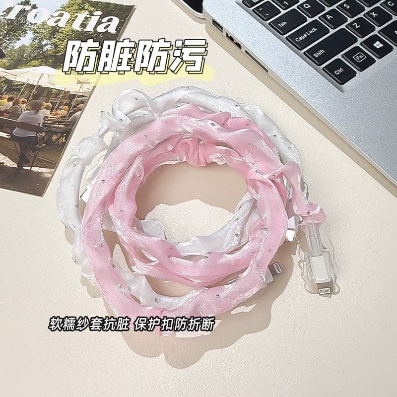 หรูหรา 1.4m Girlyลูกไม้สีชมพูBling DiamomdสายWinder ProtectorสําหรับUSBสายชาร์จสายไฟประเภทC USB Chargerสายไฟข้อมูลOrganizer รูปที่ 6
