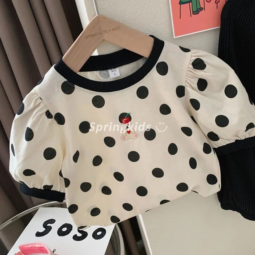 ฤดูร้อน เสื้อยืดแขนสั้นลายจุดน่ารักใหม่สำหรับเด็กผู้หญิง เสื้อสไตล์เจ้าหญิงลายหมีปักลายสำหรับเด็กเล็กและเด็กหญิง รูปที่ 5